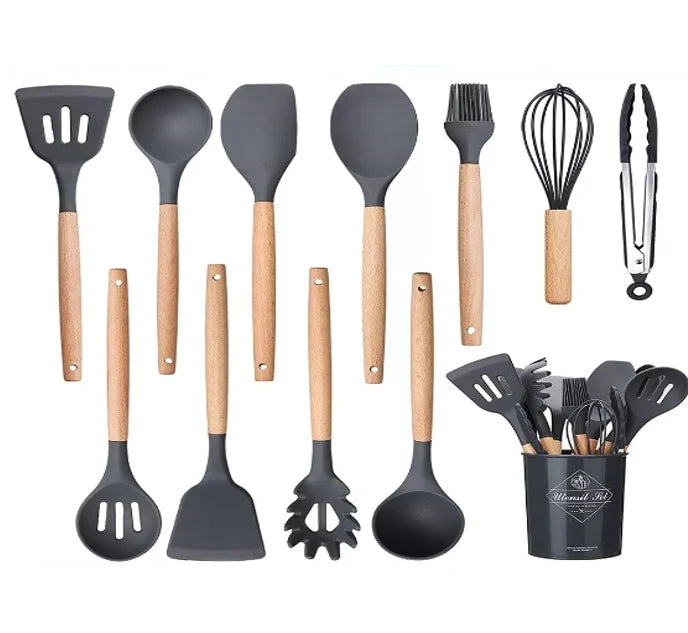 Kit com 12 Utensílios de Cozinha em Silicone e Cabo de Madeira