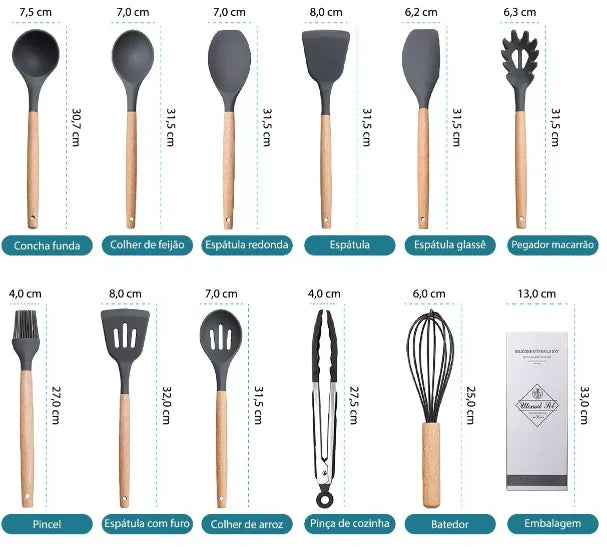 Kit com 12 Utensílios de Cozinha em Silicone e Cabo de Madeira